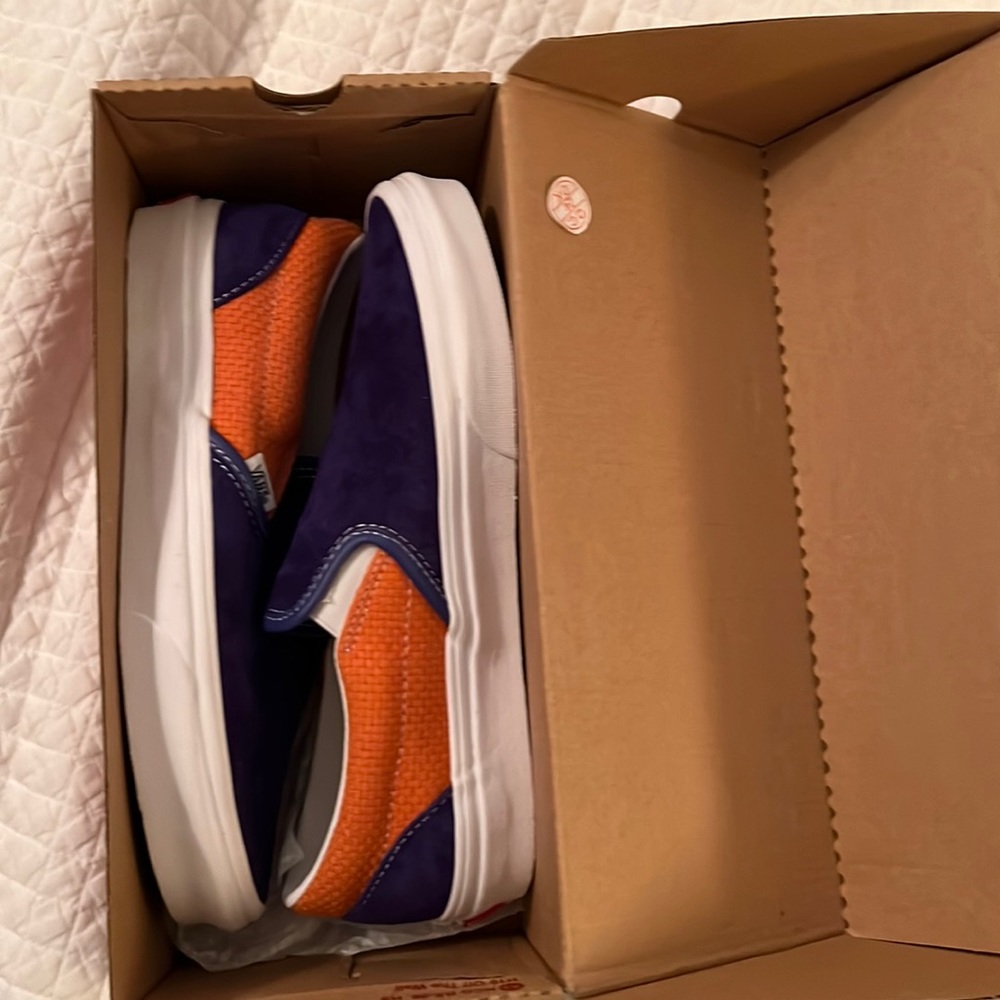 COPY - Royal blue and orange classic slip on vans - suade